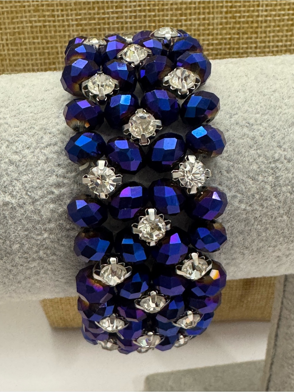 Beaded Stretch Bracelet with Purple-Blue Faceted Beads and Clear Rhinestones